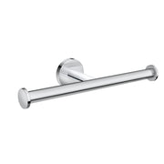 Chrome double toilet paper holder with two cylindrical bars mounted on circular wall plates.