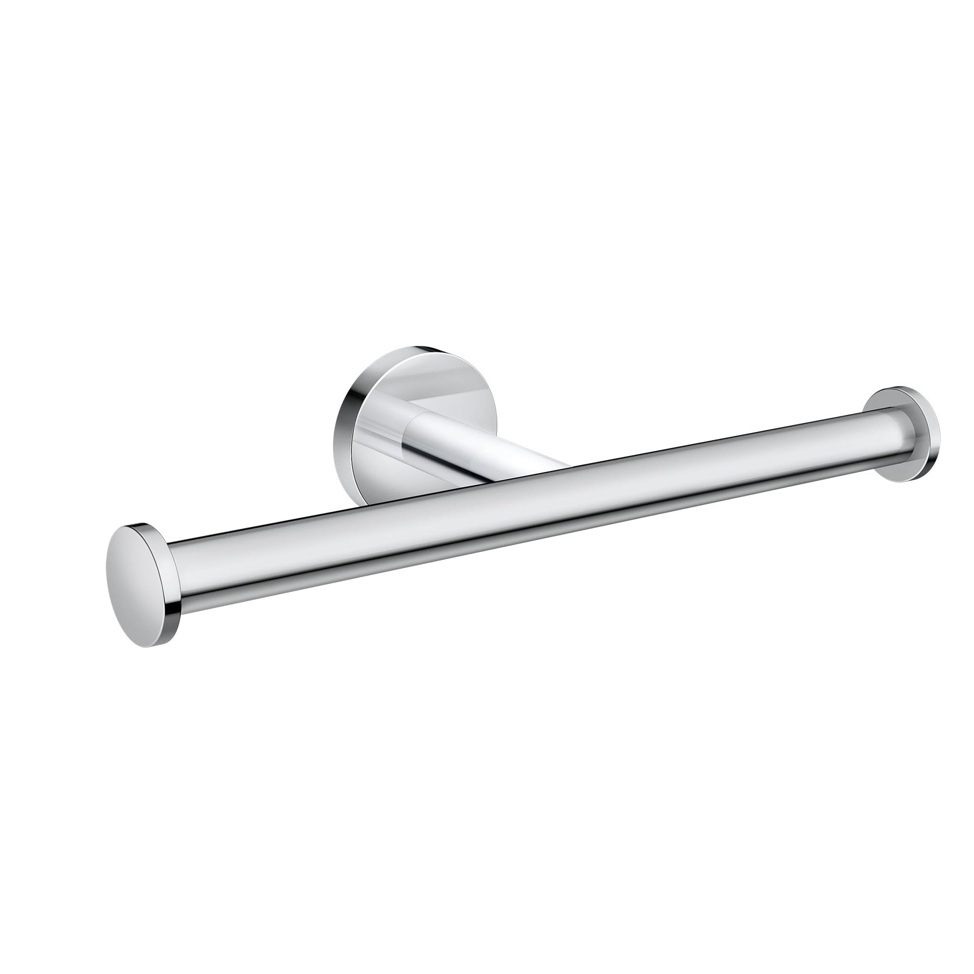 Chrome double toilet paper holder with two cylindrical bars mounted on circular wall plates.