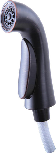 Venetian bronze side spray and hose assembly with perforated spray head and trigger handle.