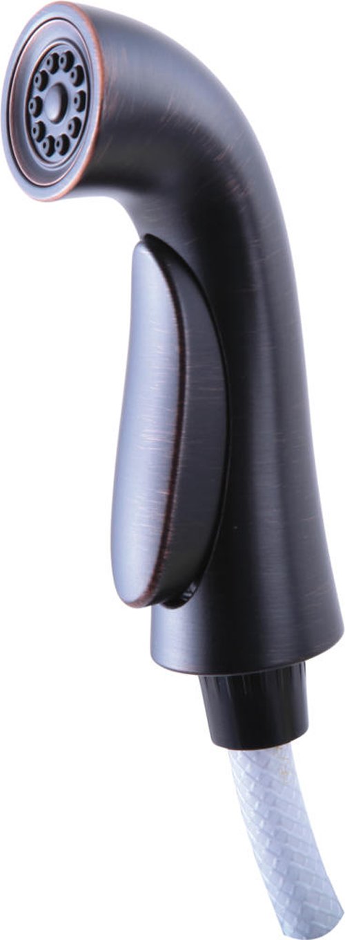 Venetian bronze side spray and hose assembly with perforated spray head and trigger handle.