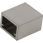 Stainless steel square mounting bracket with open front slot and hollow interior cavity.