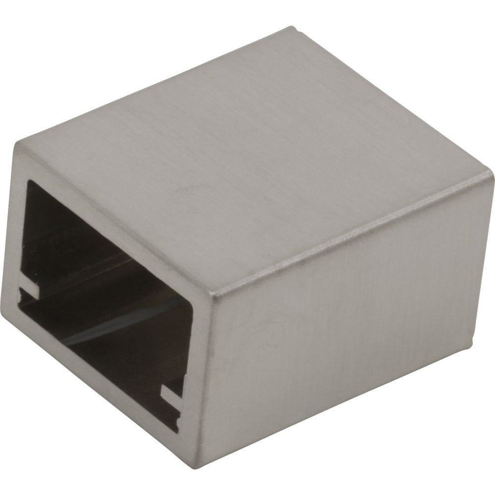 Stainless steel square mounting bracket with open front slot and hollow interior cavity.