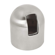 Brushed stainless steel cylindrical cap with rectangular opening and dark insert on white background.