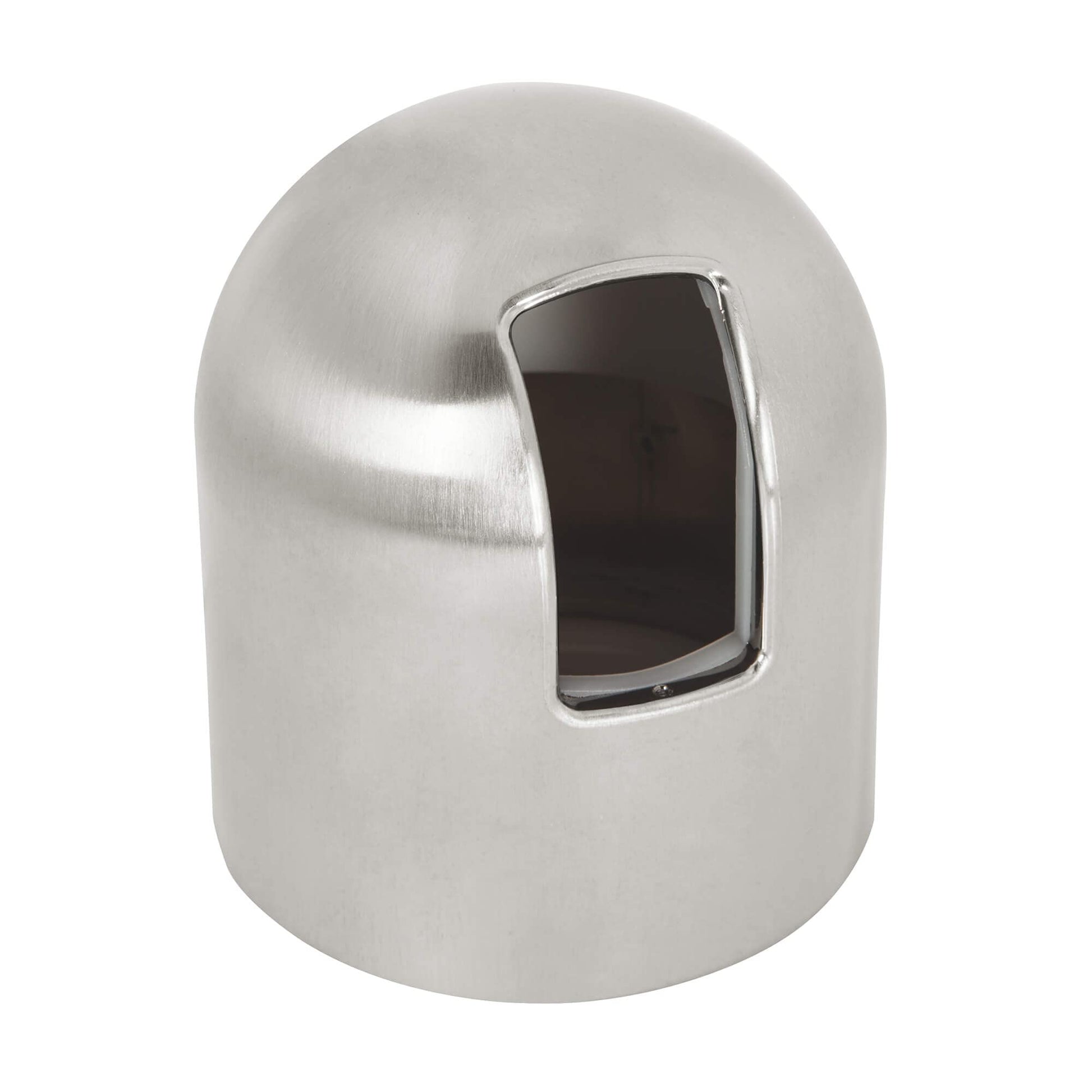 Brushed stainless steel cylindrical cap with rectangular opening and dark insert on white background.