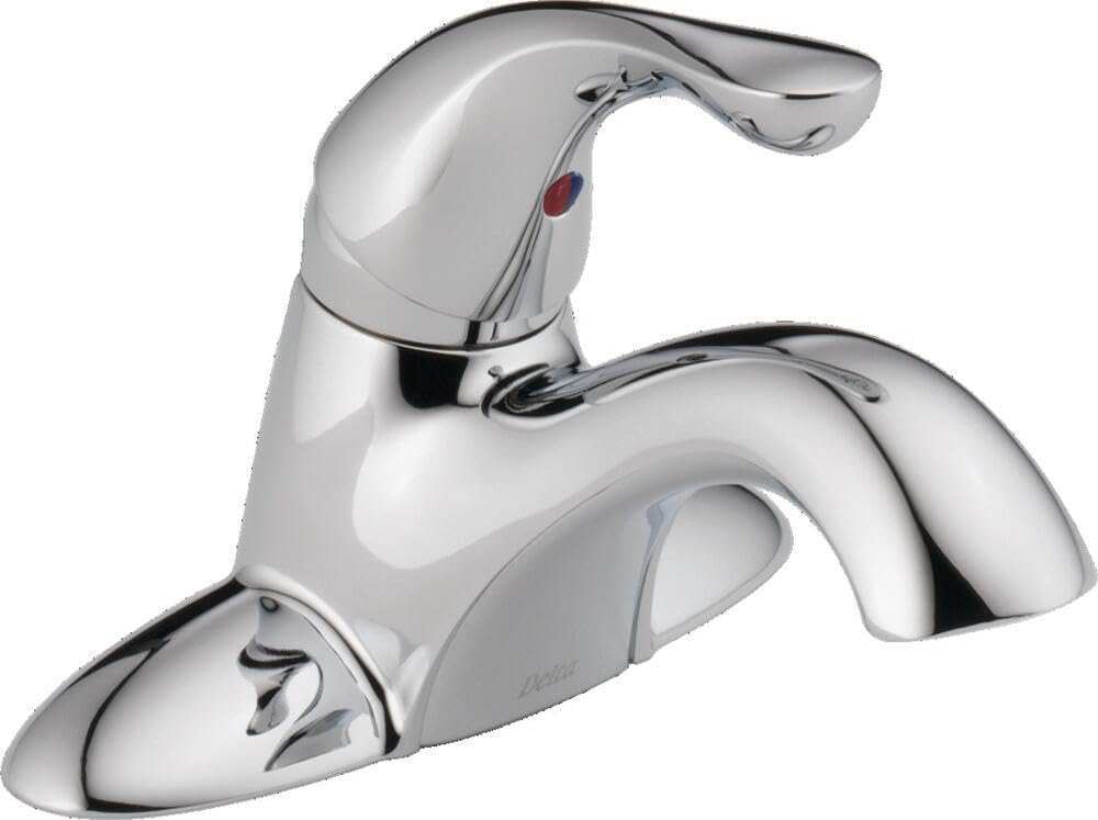 Chrome single-handle bathroom faucet with curved spout and red temperature indicator dot.