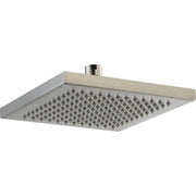Square stainless steel raincan shower head with multiple small jets and cylindrical inlet connection.