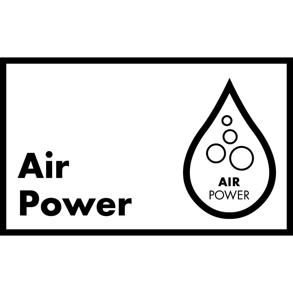 Diagram showing water droplet with bubbles labeled "Air Power" indicating aeration technology.