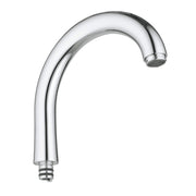 Chrome curved faucet spout with aerator and threaded connection base.
