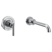 Chrome wall-mounted tub faucet with single handle lever and curved spout extending from round escutcheon plate.