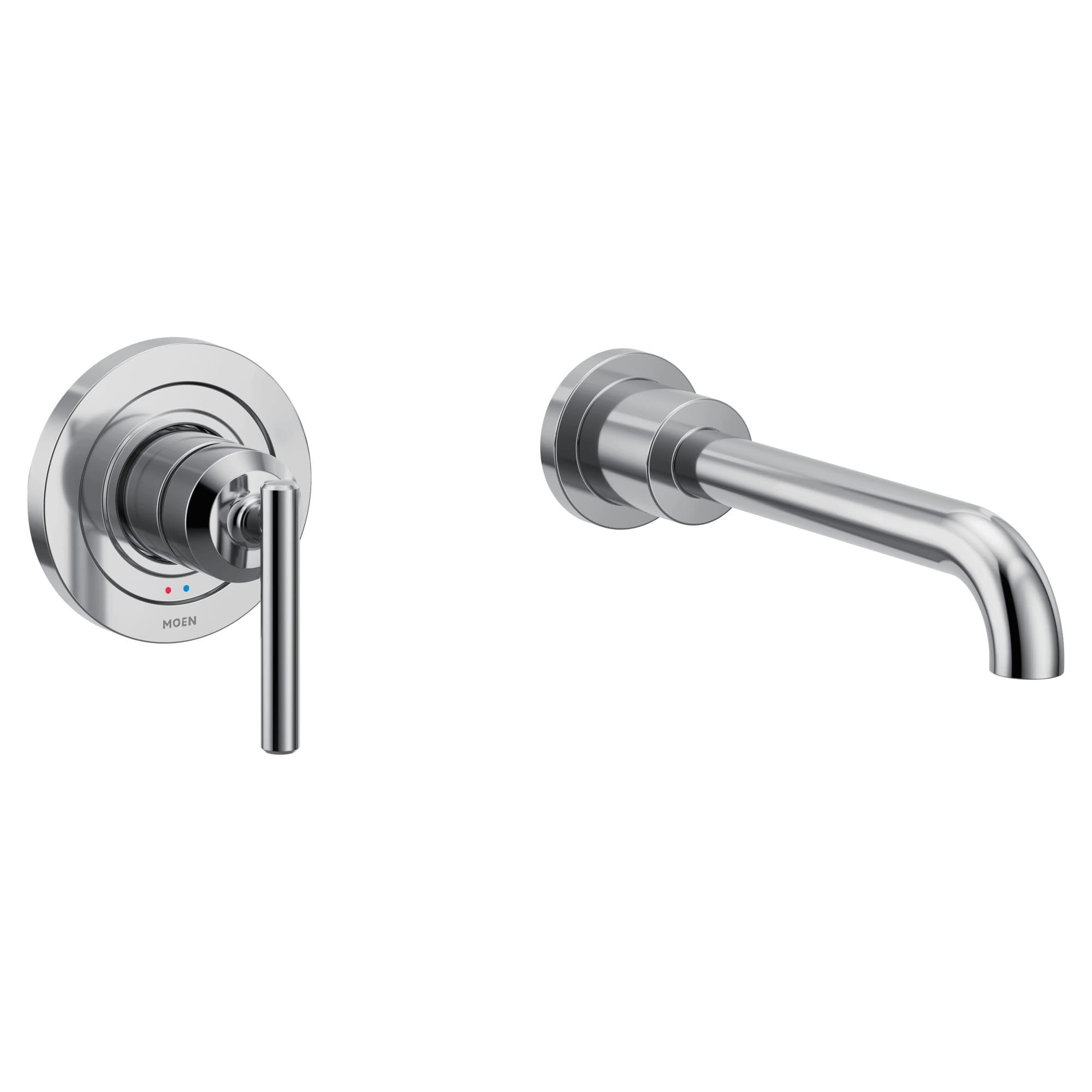 Chrome wall-mounted tub faucet with single handle lever and curved spout extending from round escutcheon plate.
