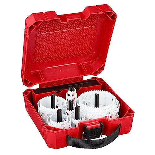 Red plastic case containing 16 white hole saws of varying sizes with black arbors and guides.