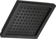 Matte black square raincan shower head with multiple spray jets arranged in grid pattern.