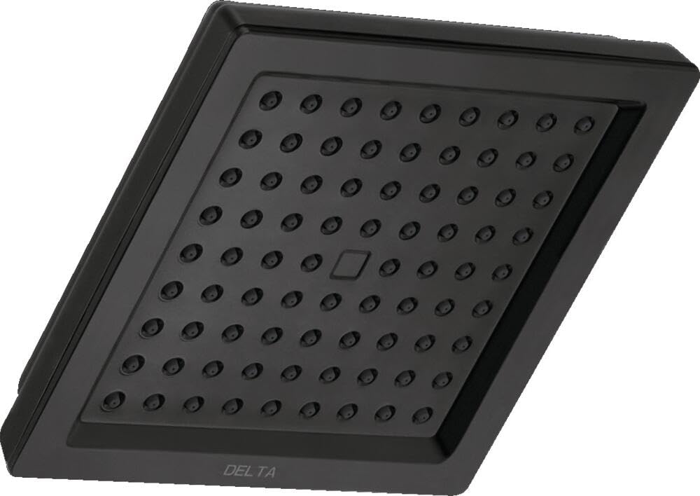 Matte black square raincan shower head with multiple spray jets arranged in grid pattern.