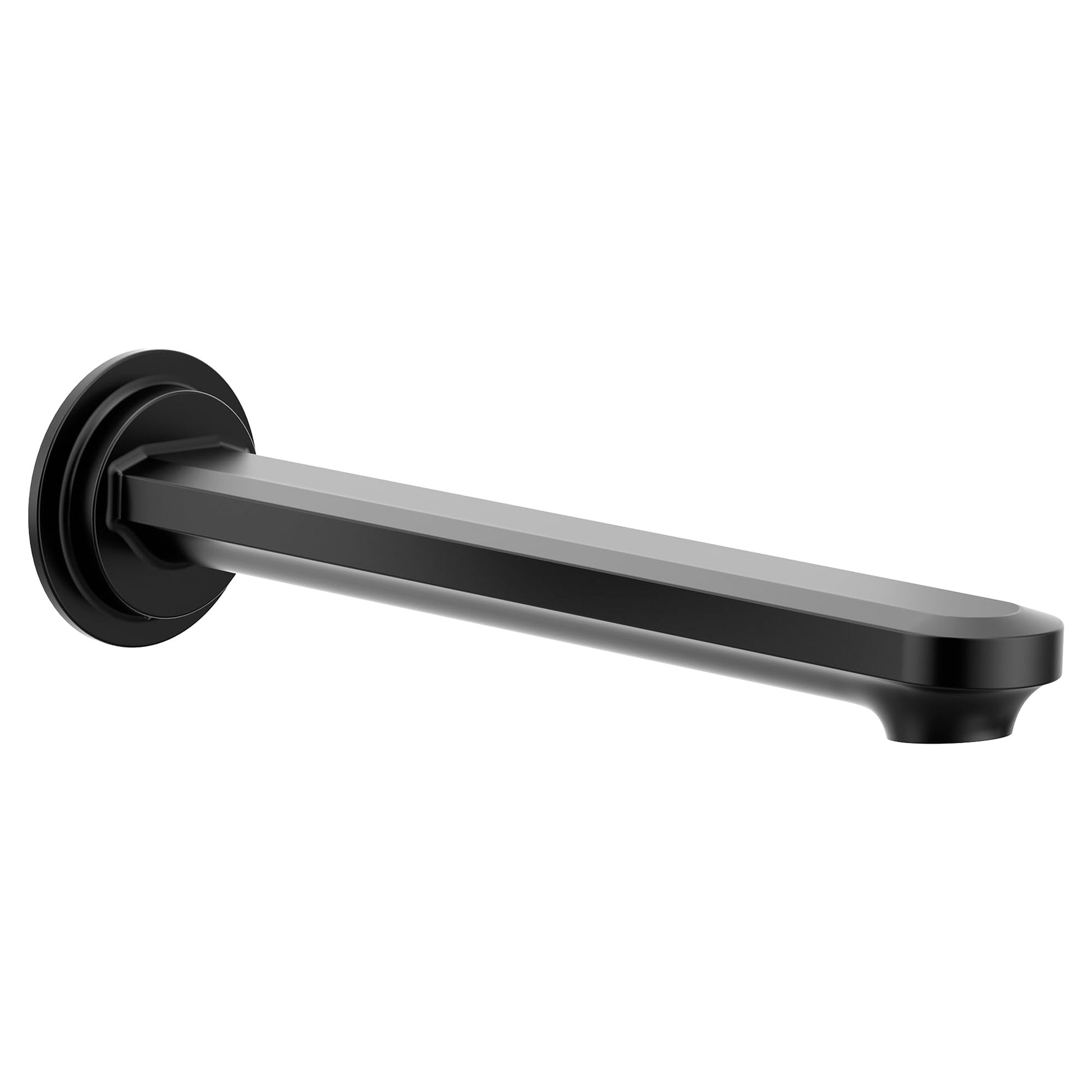 Matte black tub spout with cylindrical wall mount and angled outlet for water delivery.