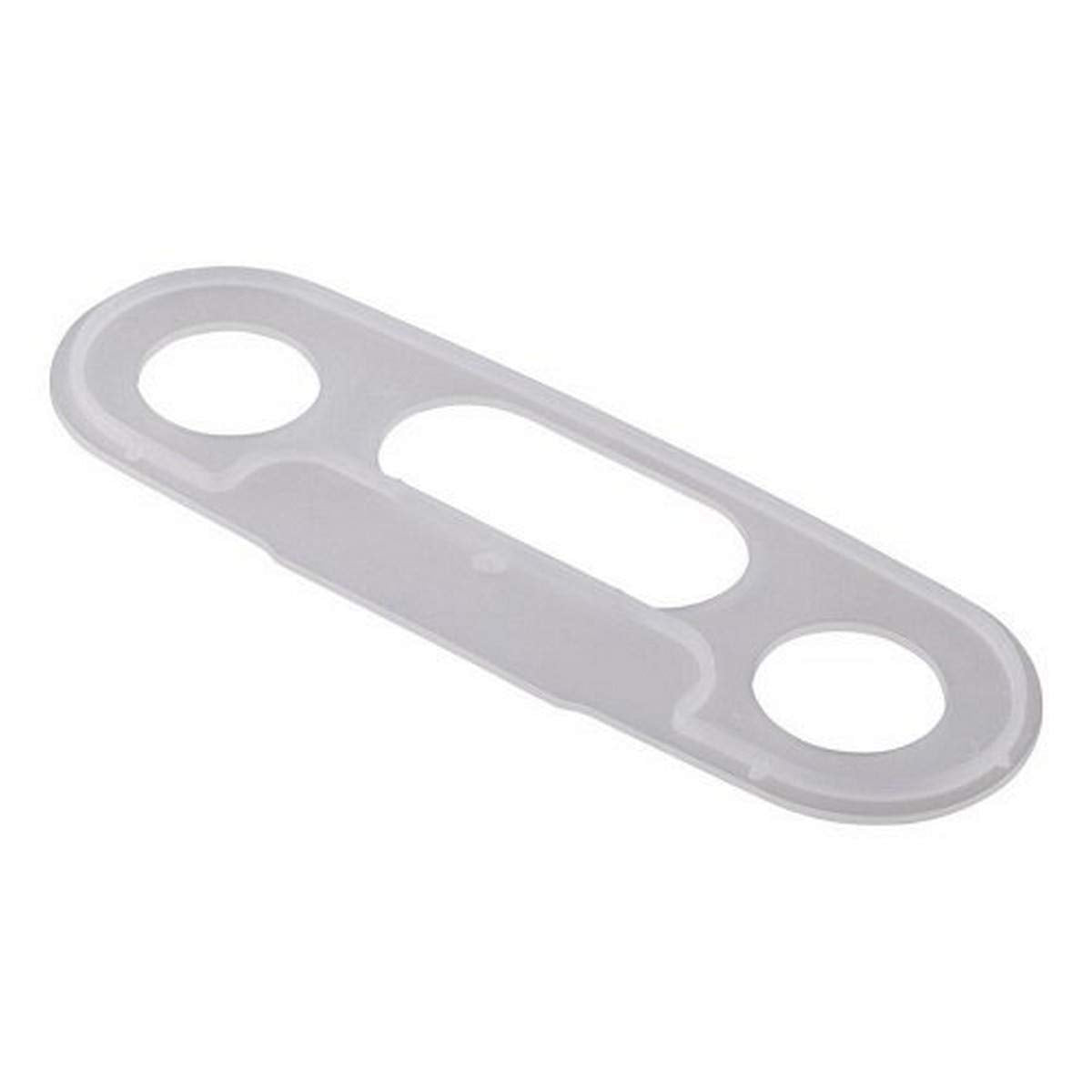 Clear silicone gasket with three circular openings and one rectangular opening for plumbing assembly.