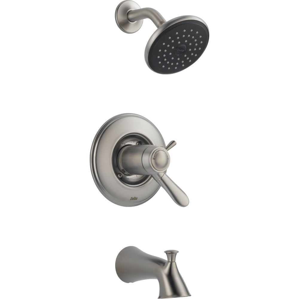 Brushed nickel tub and shower trim with round showerhead, valve trim plate with lever handle, and tub spout.