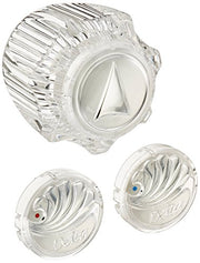 Clear knob handle kit with large ribbed knob and two smaller valve handles marked with red and blue dots.