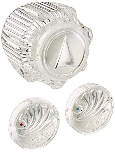 Clear knob handle kit with large ribbed knob and two smaller valve handles marked with red and blue dots.