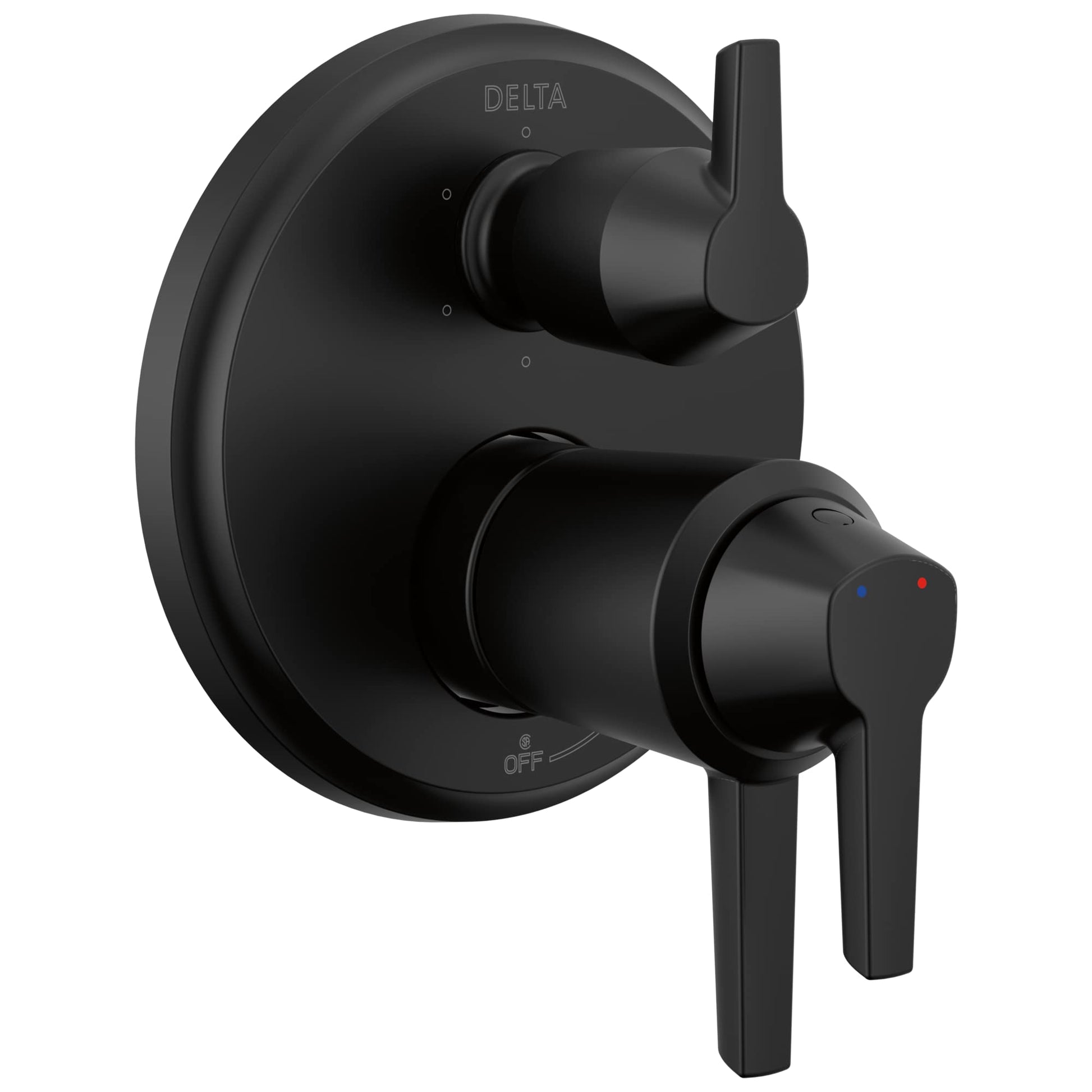 Black Delta Galeon 17T integrated diverter trim with two lever handles and circular trim plate.