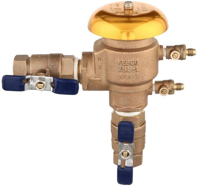 Bronze pressure vacuum breaker with yellow cap, blue isolation valves, and freeze sensor ports on side and bottom.