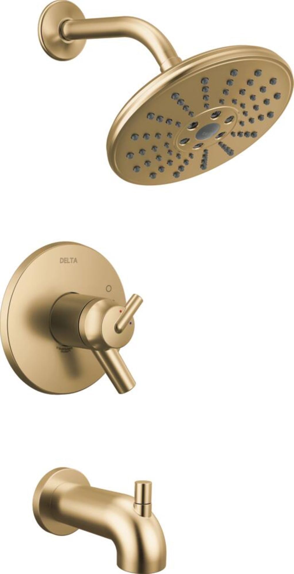 Champagne bronze showerhead with multiple spray holes, valve control lever, and curved tub spout.