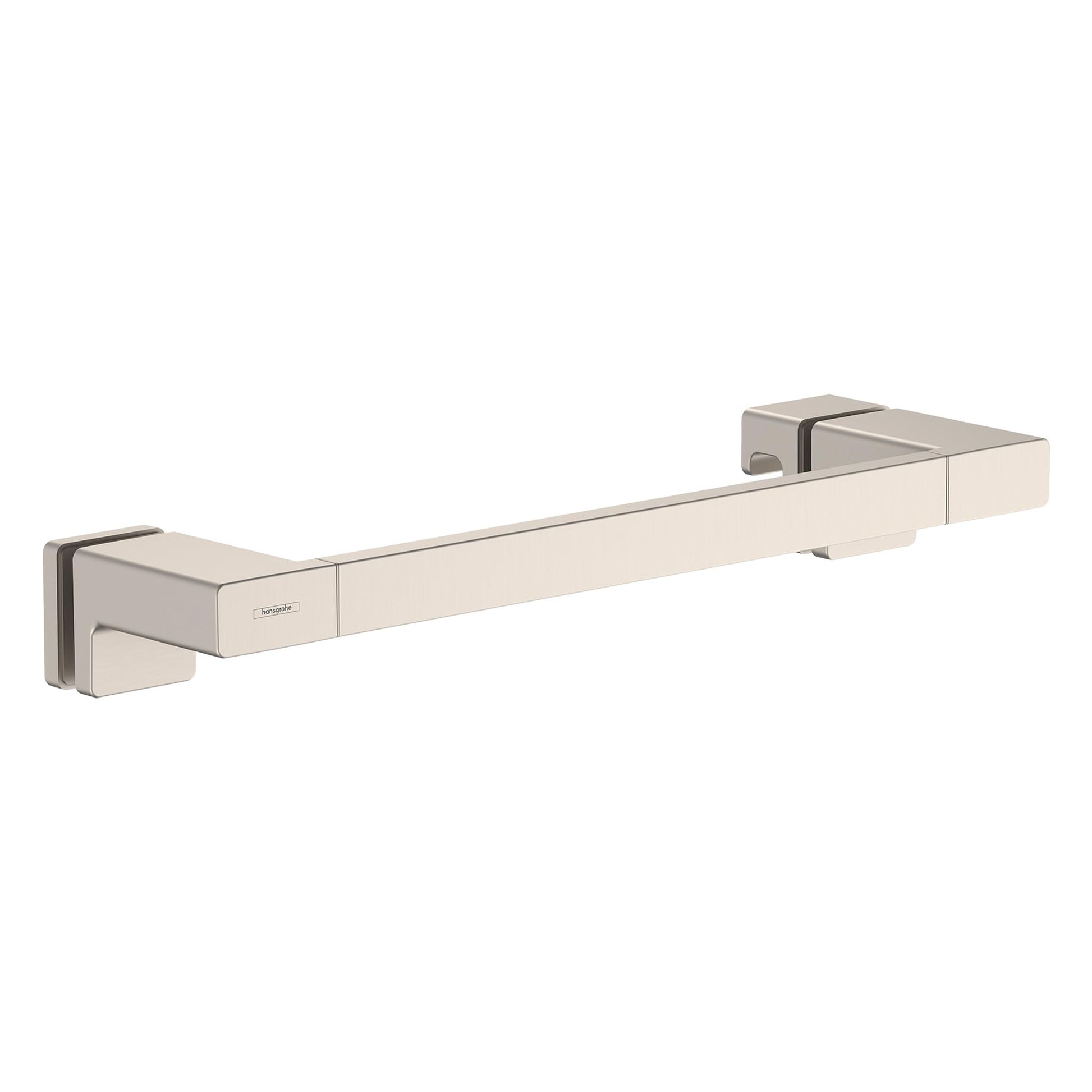 Brushed nickel rectangular shower door handle with square wall mounting brackets on each end.