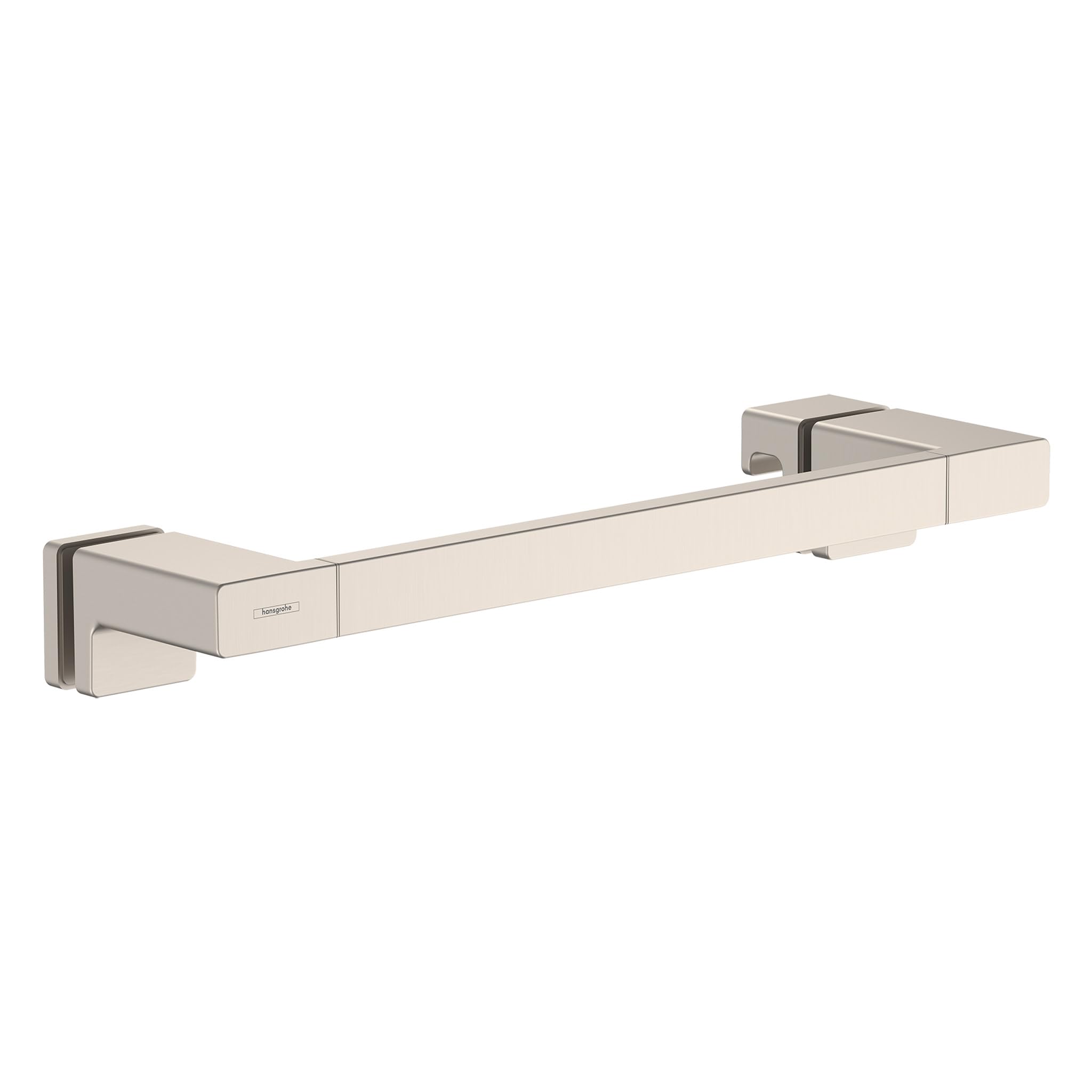 Brushed nickel rectangular shower door handle with square wall mounting brackets on each end.