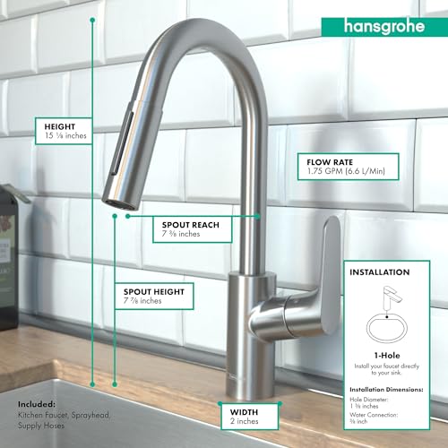 Stainless steel pull-down kitchen faucet with curved spout, labeled with dimensions and specifications.