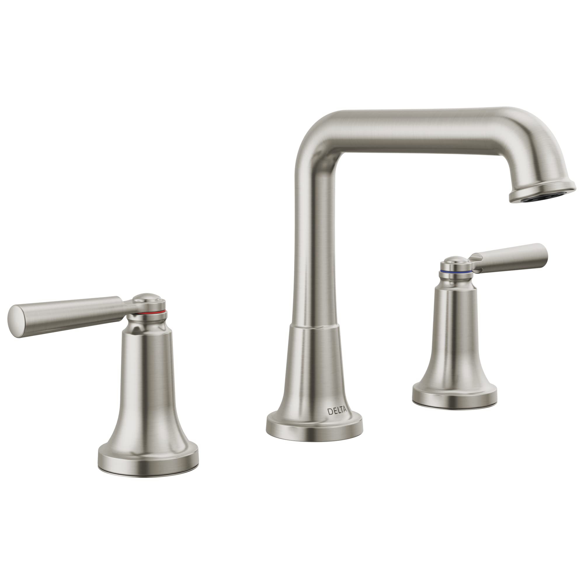 Brushed nickel two-handle widespread bathroom faucet with curved spout and lever handles.
