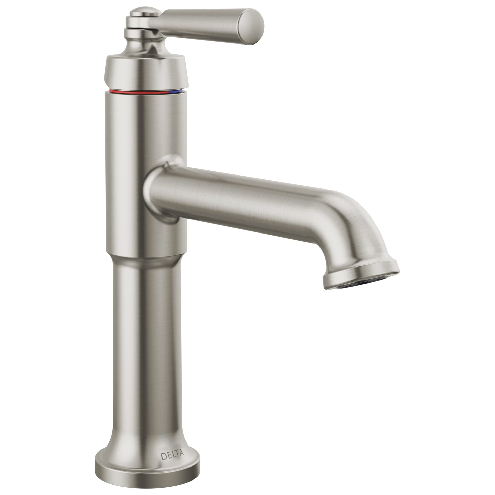 Brushed nickel single-handle bathroom faucet with curved spout and cylindrical body, featuring color-coded temperature indica