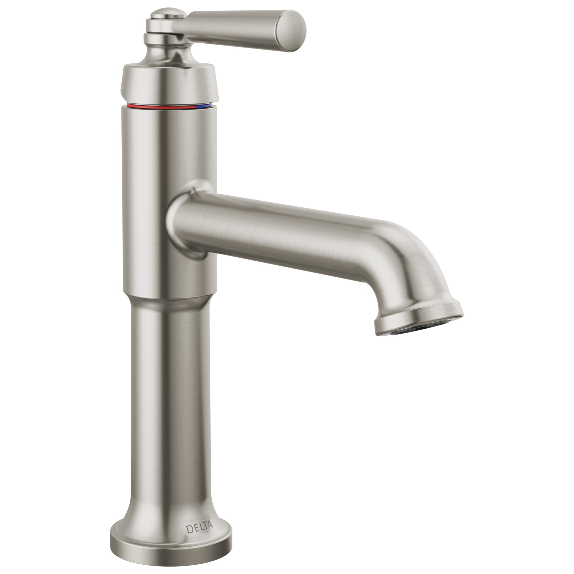 Brushed nickel single-handle bathroom faucet with curved spout and cylindrical body, featuring color-coded temperature indica
