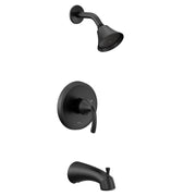 Matte black single-handle tub and shower trim kit with showerhead, valve trim, and tub spout.