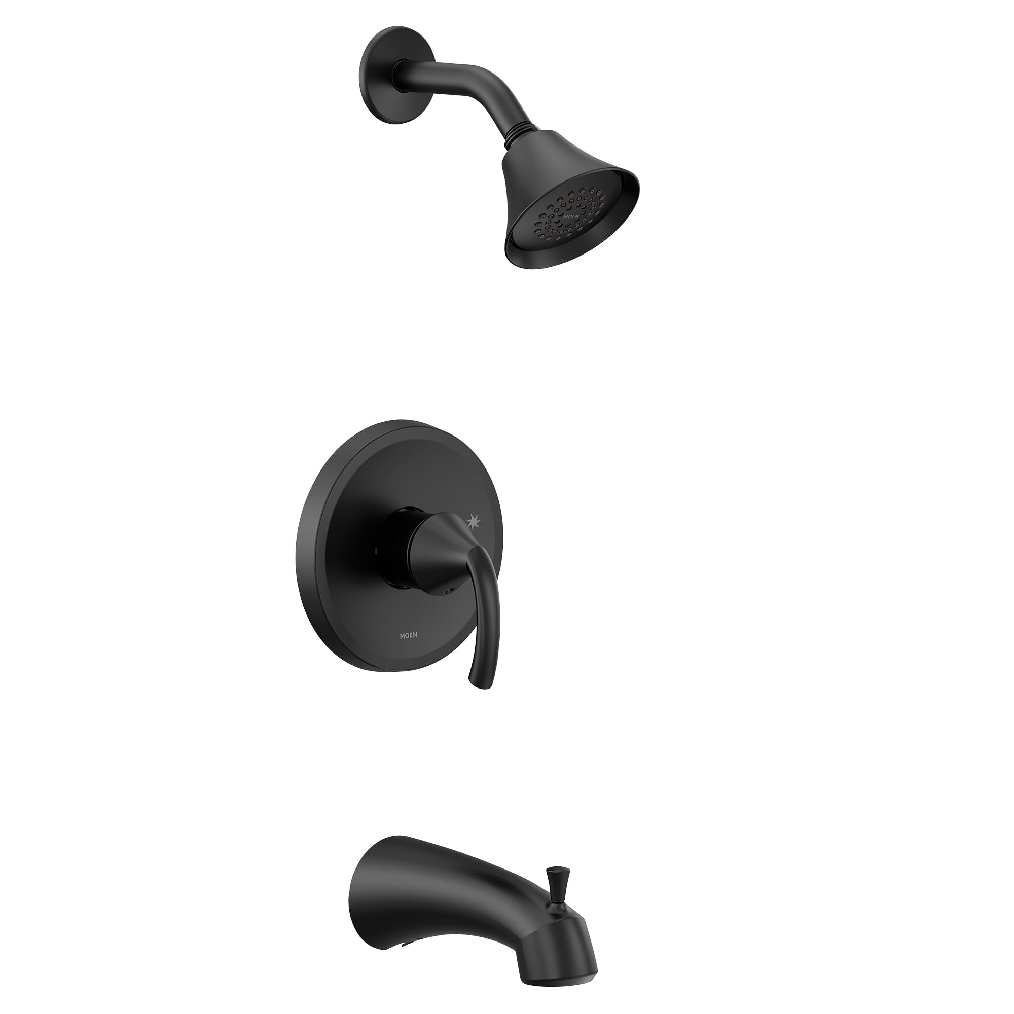 Matte black single-handle tub and shower trim kit with showerhead, valve trim, and tub spout.