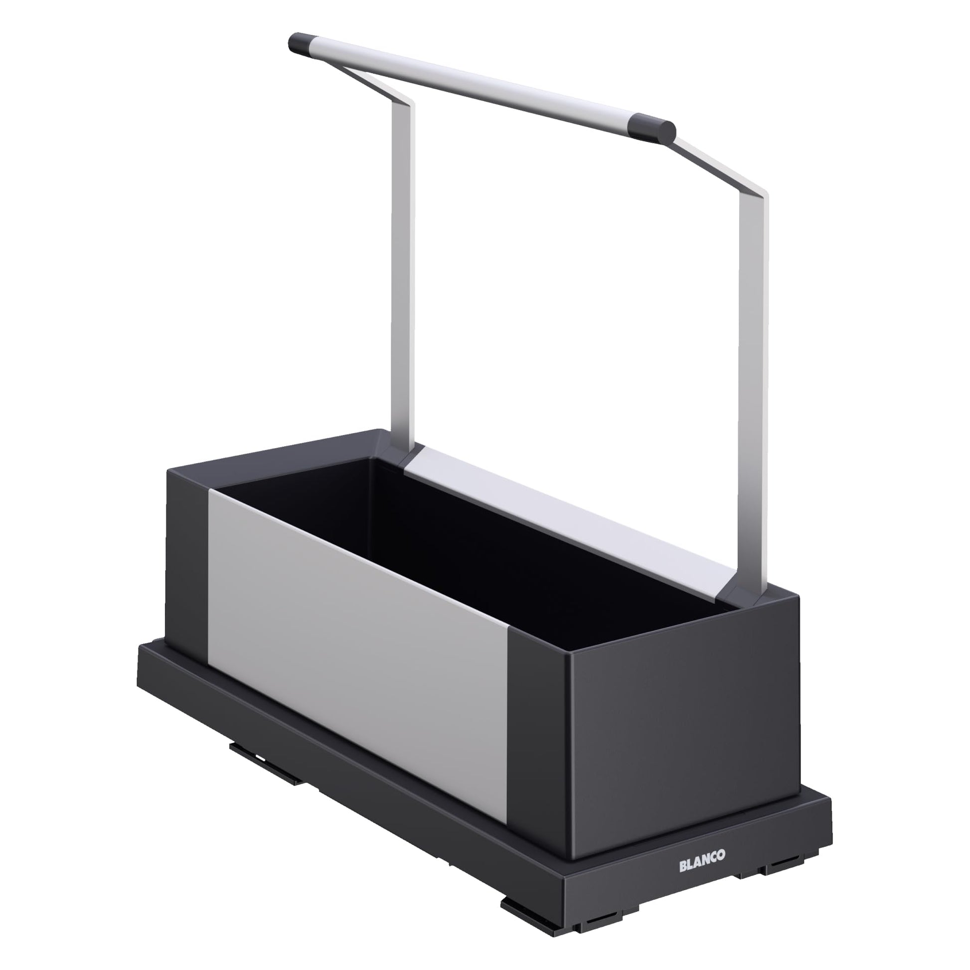 Black and gray rectangular storage caddy with angled overhead rod and side supports.