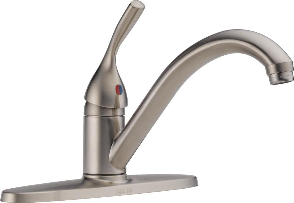 Brushed nickel single-handle kitchen faucet with curved spout and red indicator dot on handle.