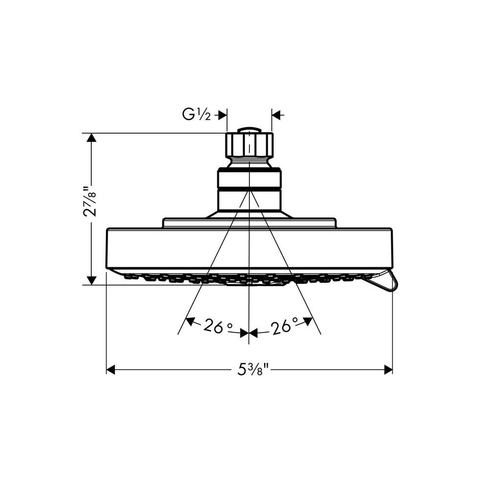 Brushed nickel round shower head with threaded connection and spray pattern diagram showing dimensions and jet angles.