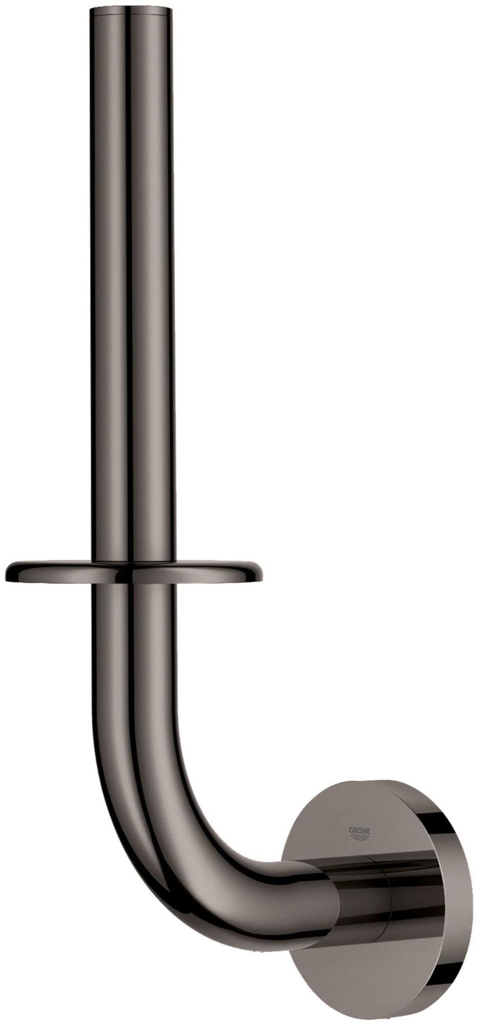 Vertical brushed nickel toilet paper holder with cylindrical post and curved mounting bracket.