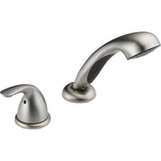 Stainless steel hand shower with curved spout and two lever handles for roman tub installation.