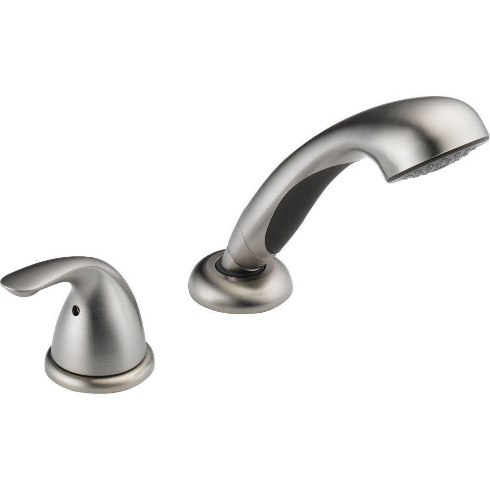 Stainless steel hand shower with curved spout and two lever handles for roman tub installation.
