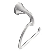 Chrome paper holder with curved pivoting arm and open loop design for bathroom mounting.