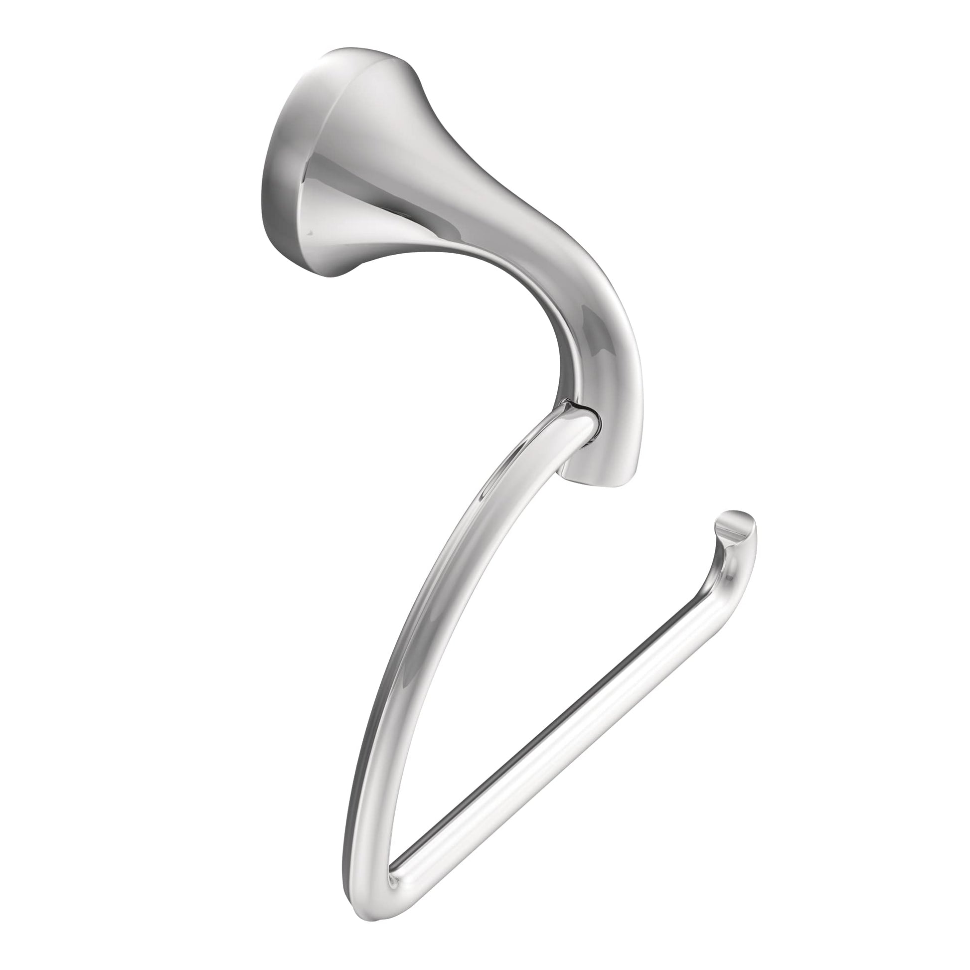 Chrome paper holder with curved pivoting arm and open loop design for bathroom mounting.