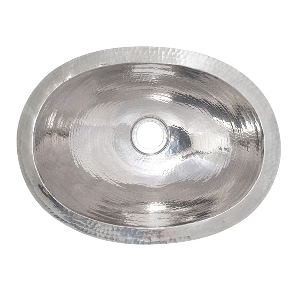 Polished nickel oval undermount sink with hammered texture and single faucet hole.
