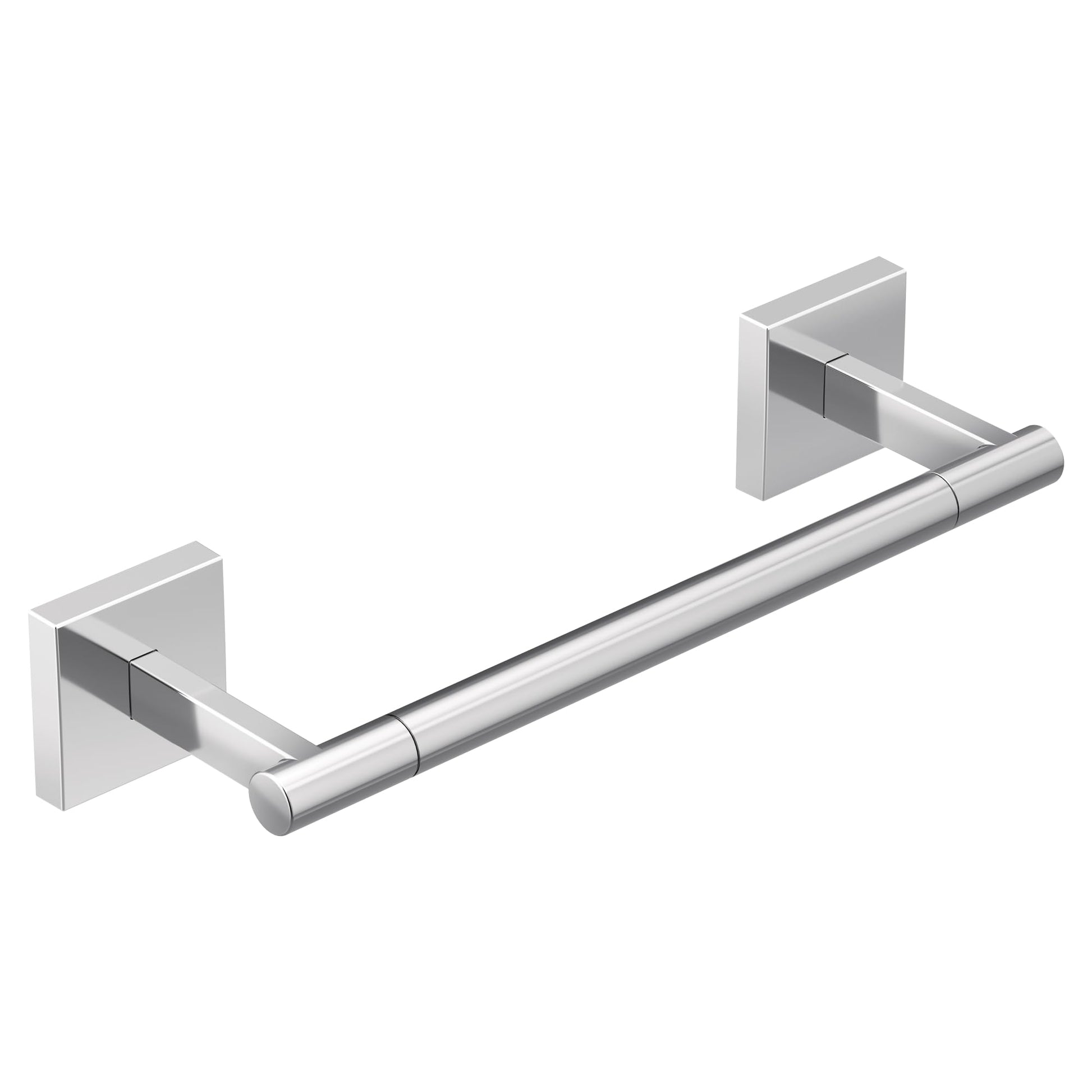 Chrome towel bar with square wall-mounted brackets on each end, cylindrical rod in the middle.