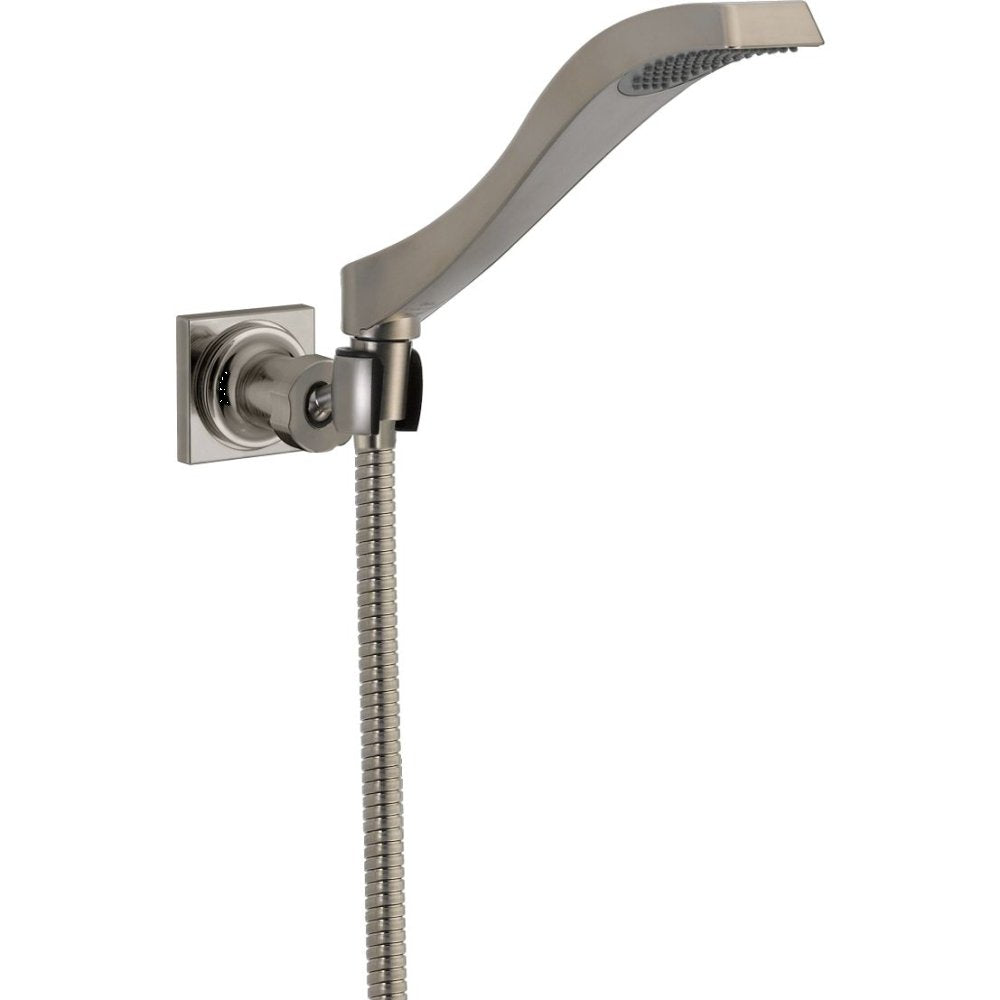 Chrome wall-mounted hand shower with curved head, flexible hose, and square mounting bracket.