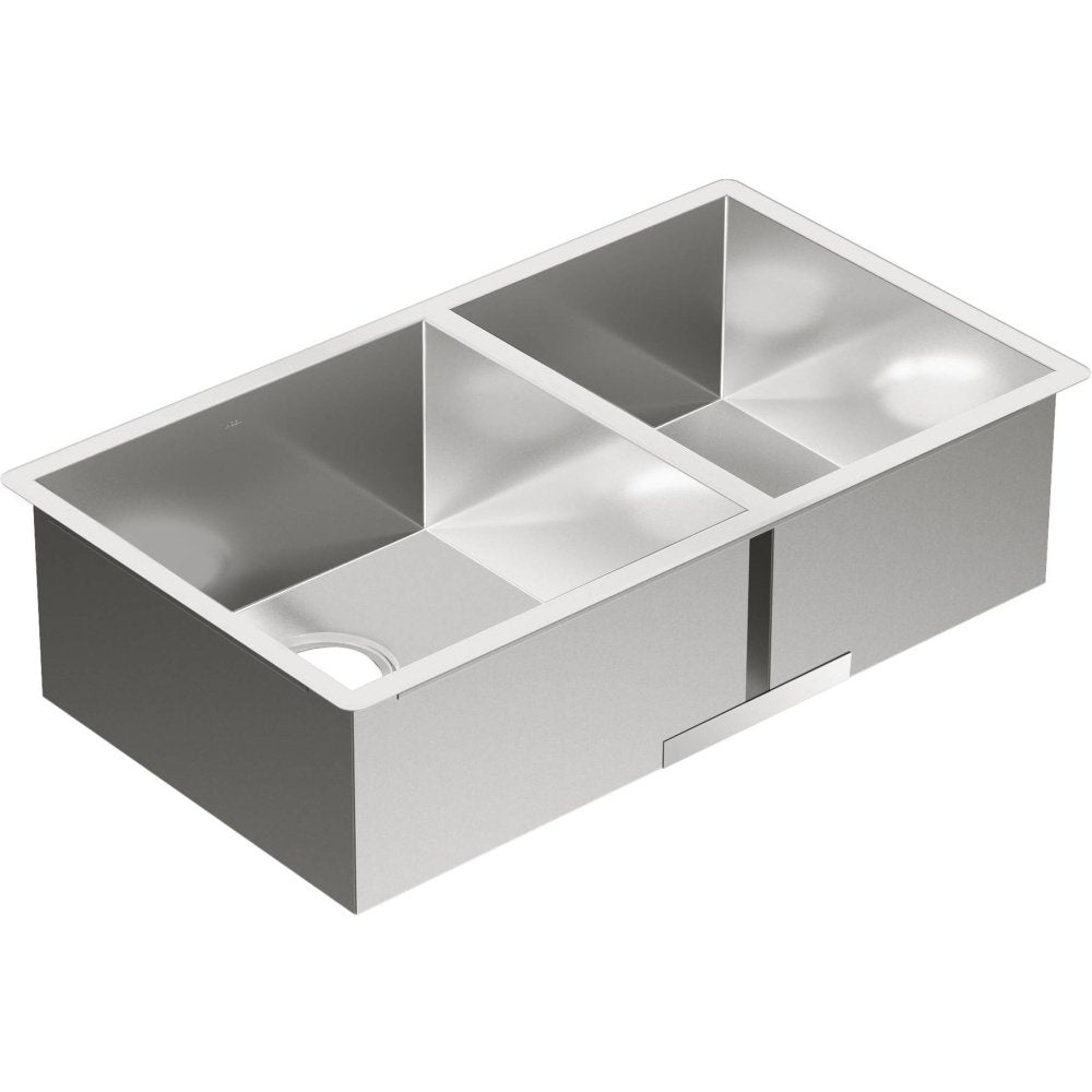 Stainless steel double bowl undermount kitchen sink with two equal rectangular basins and divider.