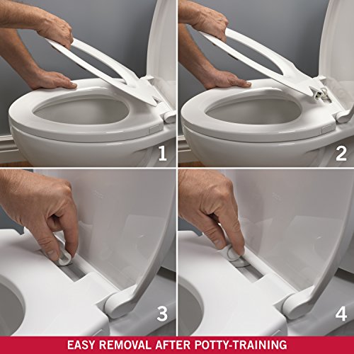 White elongated toilet seat with slow-close lid and quick-release mechanism demonstrated in four installation steps.