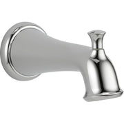 Chrome tub spout with pull-up diverter and wall-mounted flange.