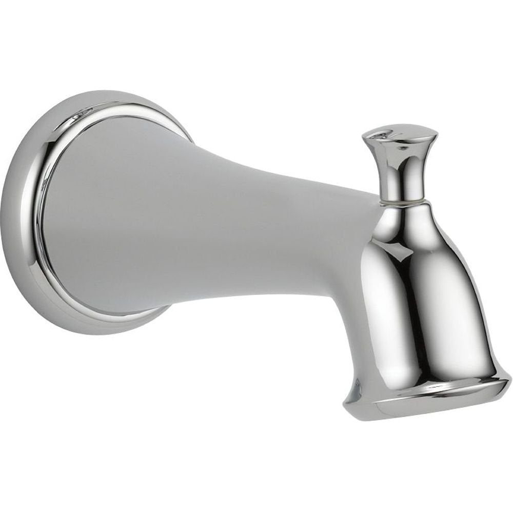 Chrome tub spout with pull-up diverter and wall-mounted flange.