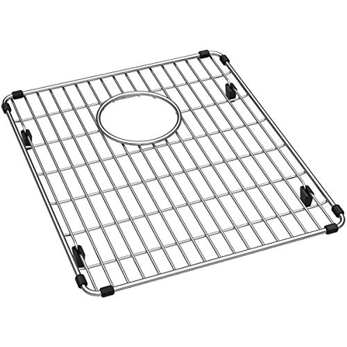 Stainless steel sink bottom grid with parallel bars, central oval opening, and rubber corner feet.