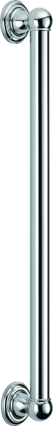 Polished chrome vertical grab bar with spherical ends and circular wall flanges for bathroom safety.